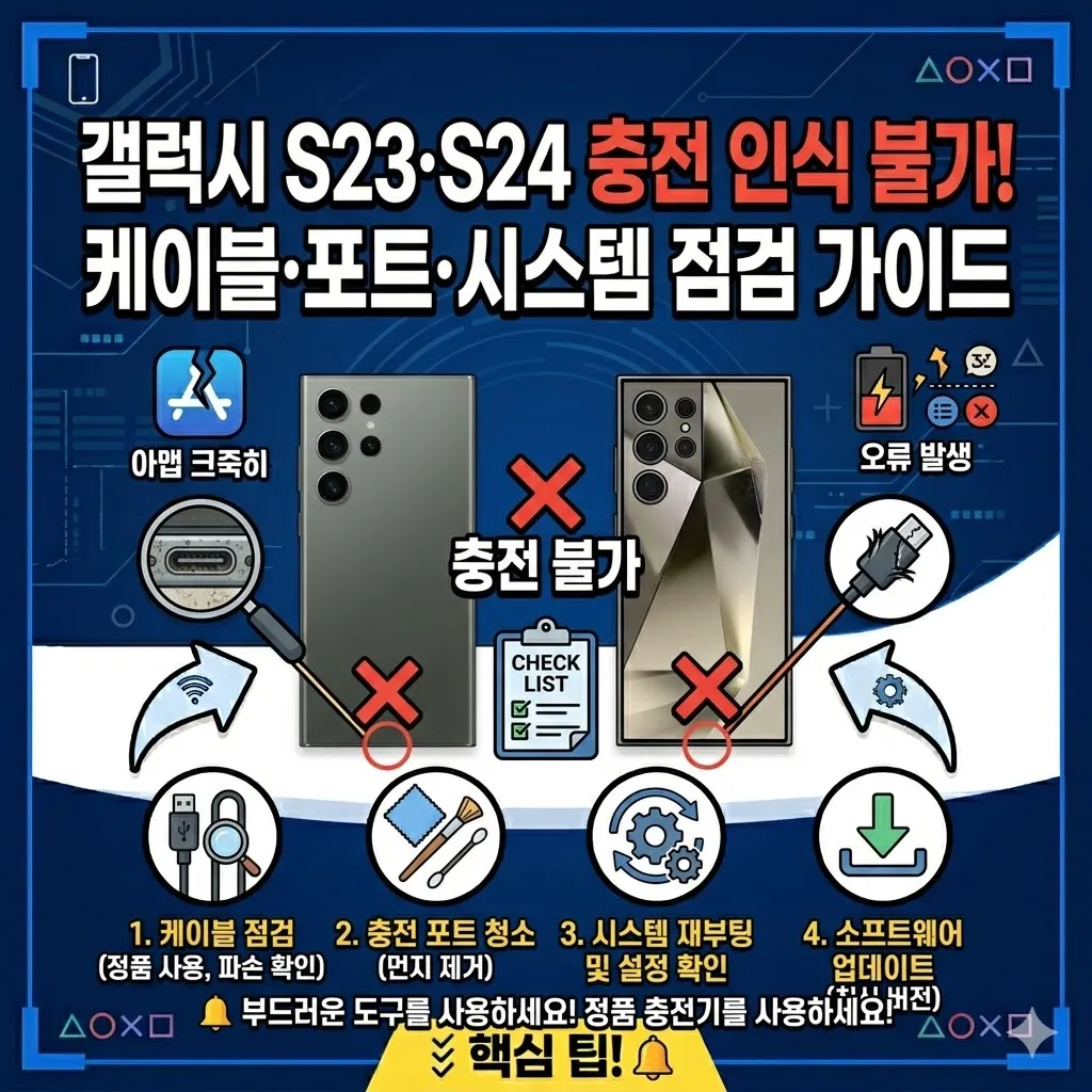 갤럭시 S23·S24 충전기 인식 불가 오류 케이블·포트·시스템 점검 가이드