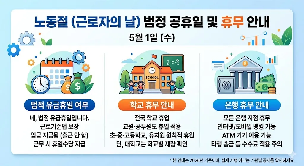 노동절 법정 공휴일 유급휴일 여부 및 학교 은행 휴무 안내